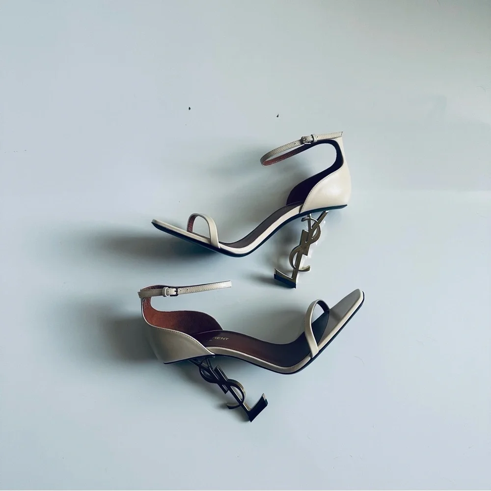 Saint Laurent Cream Heels with Gold Logo - Picture 4 of 11